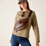 Nutmeg colored relaxed fit cotton raglan tee with a wide neck and draped sleeves.