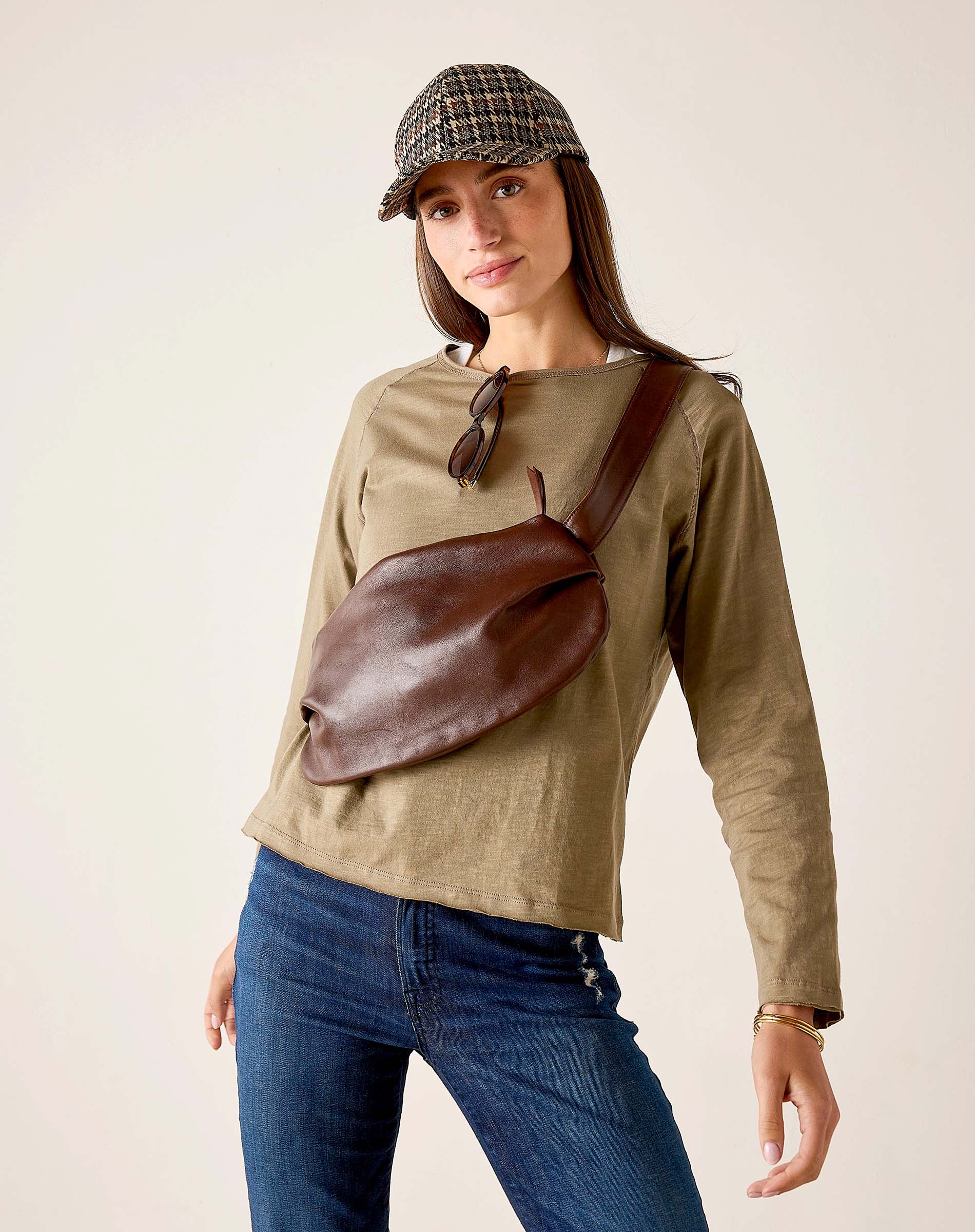 Nutmeg colored relaxed fit cotton raglan tee with a wide neck and draped sleeves.