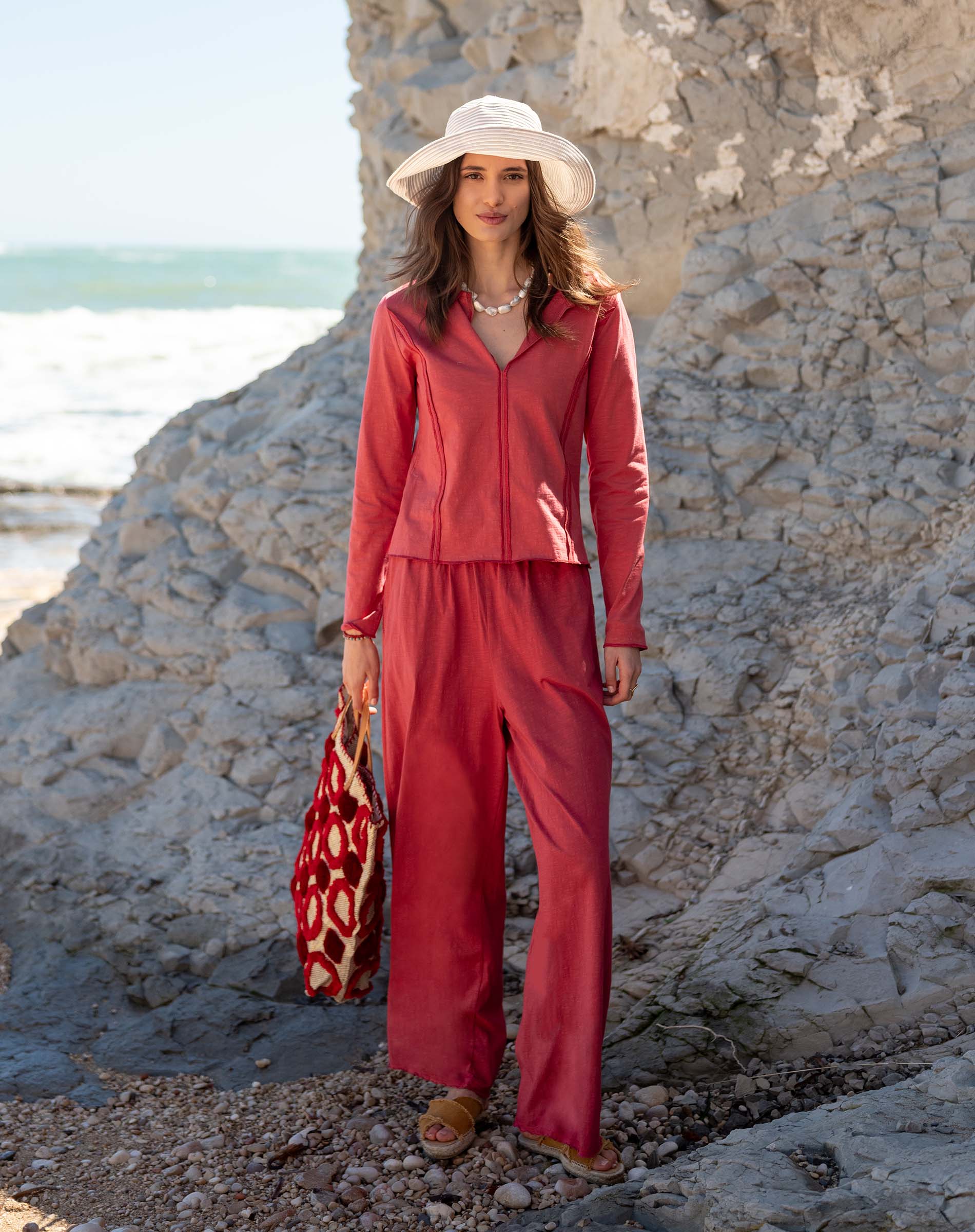 Cayenne red button-front top and matching wide-leg pants set in a soft woven fabric.