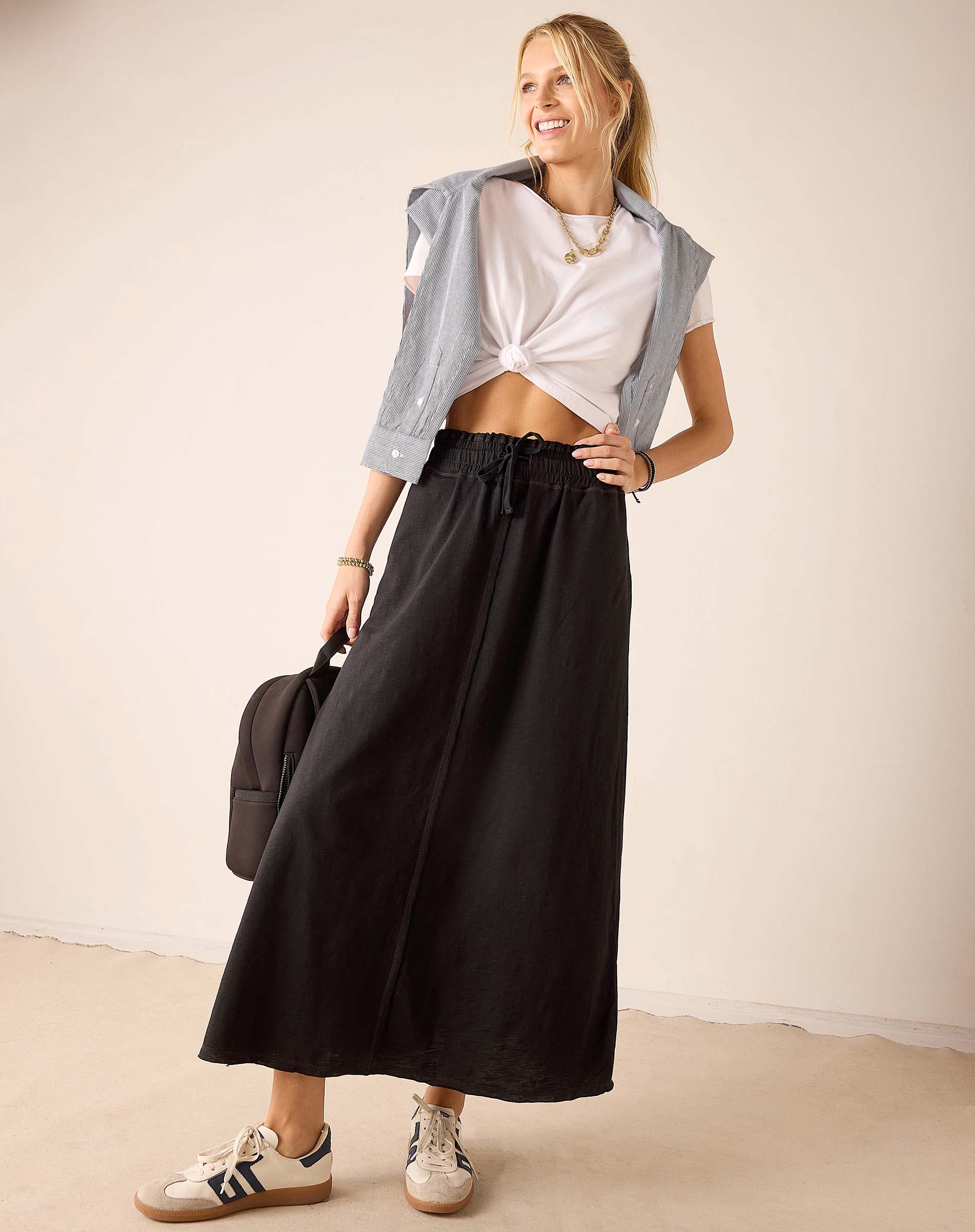 Graphite gray tee and long skirt set.