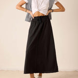 Graphite gray gathered waist linen skirt.