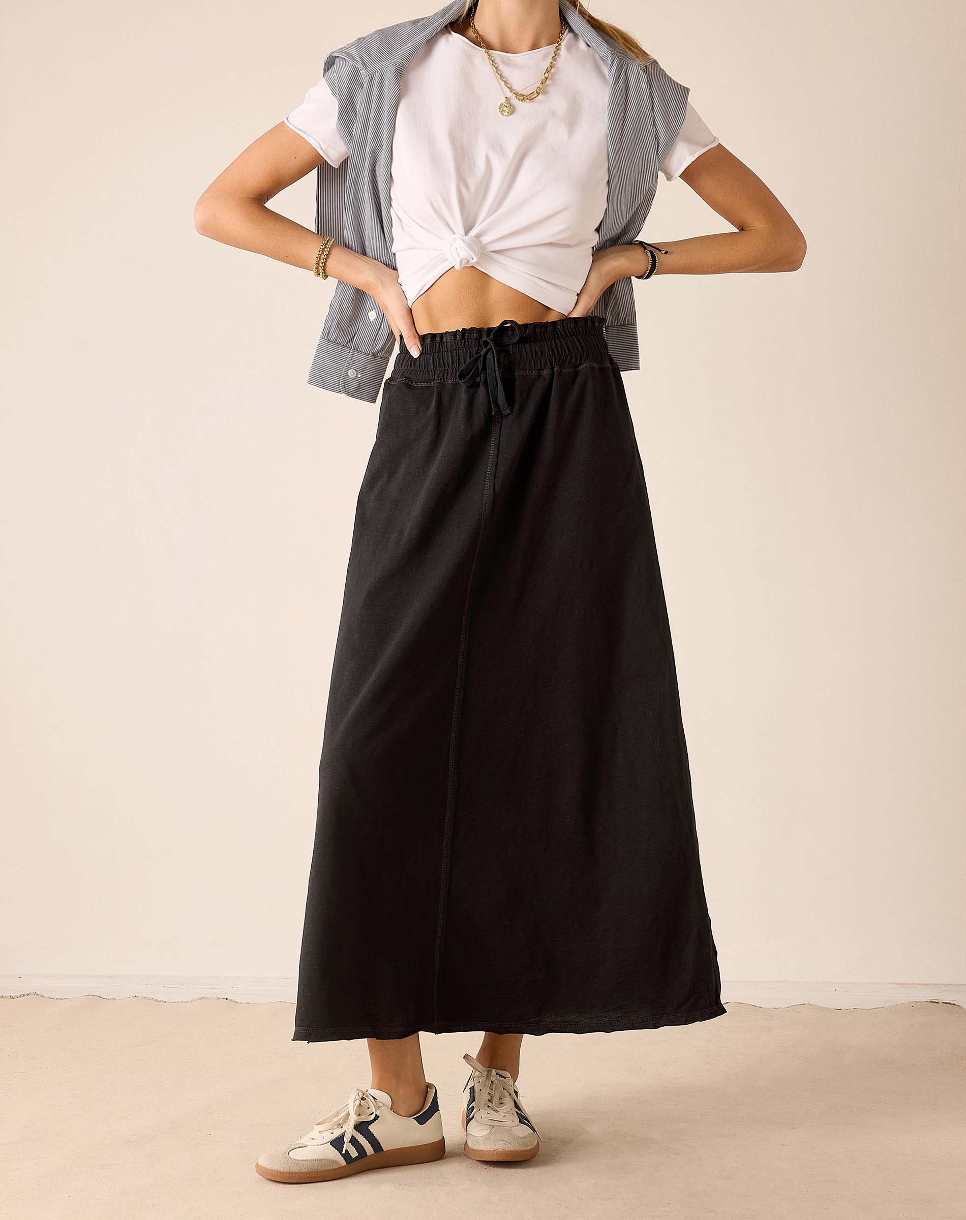 Graphite gray gathered waist linen skirt.