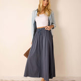 Navy blue gathered linen midi skirt