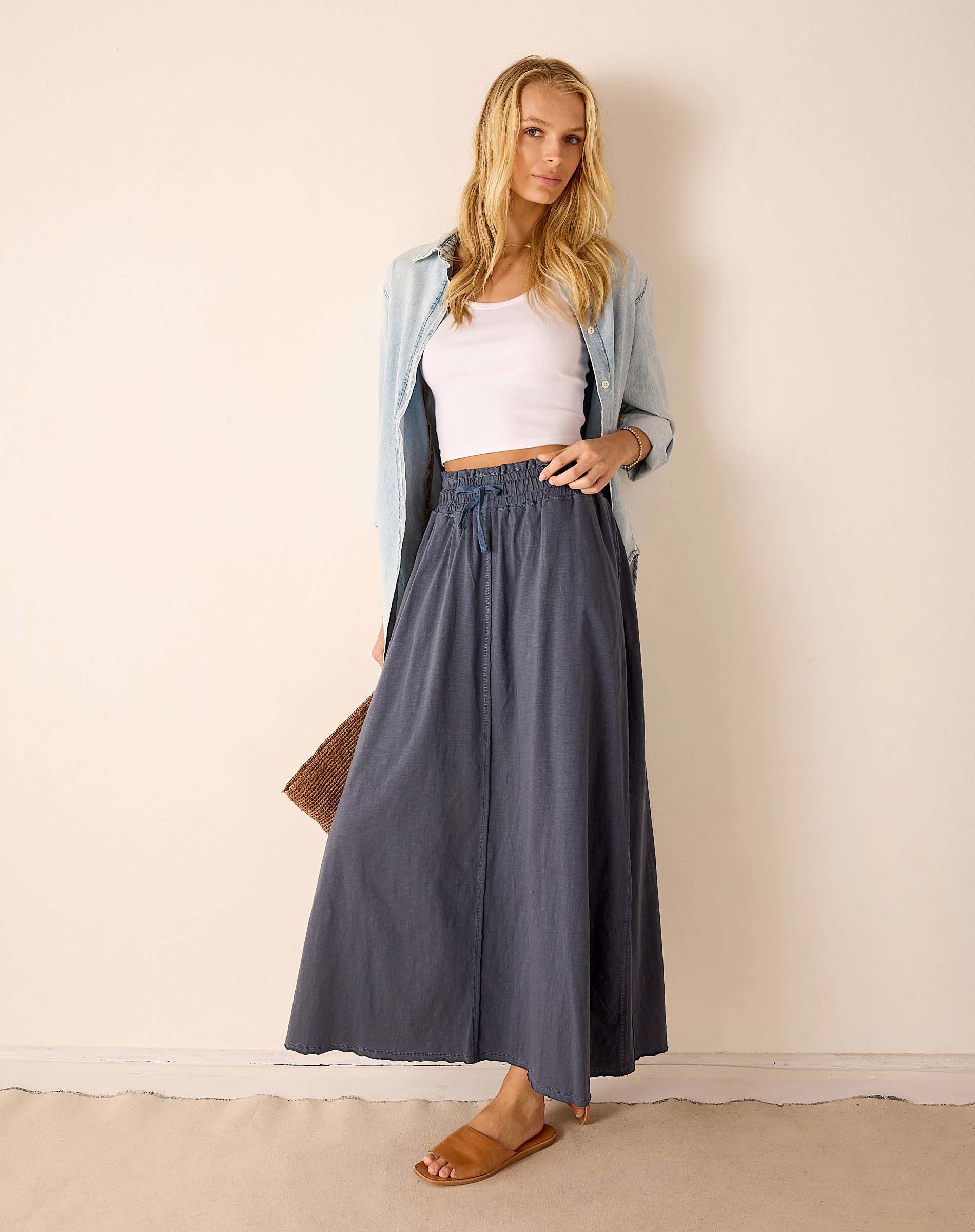 Navy blue gathered linen midi skirt