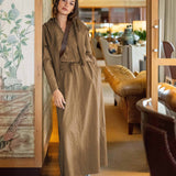 Ladies' travel-ready nutmeg brown textured jersey knit tee and matching maxi skirt set.