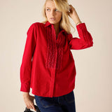 Women's travel-friendly cardinal red tuxedo ruffle shirt with ruffled front panel and long sleeves