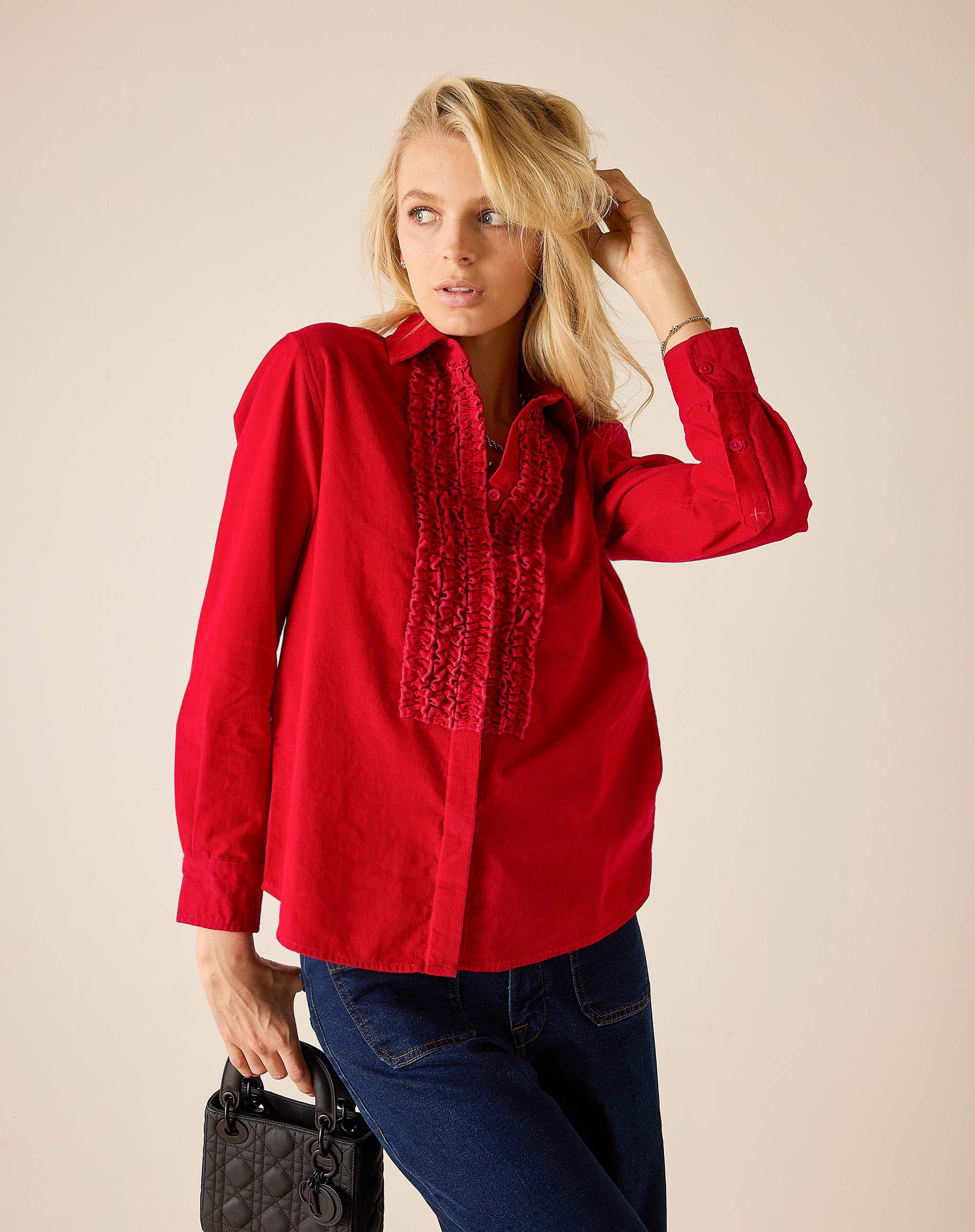 Women's travel-friendly cardinal red tuxedo ruffle shirt with ruffled front panel and long sleeves