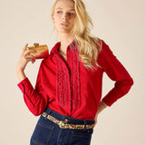 Cardinal red ruffled tuxedo shirt with buttoned front and decorative lace trim
