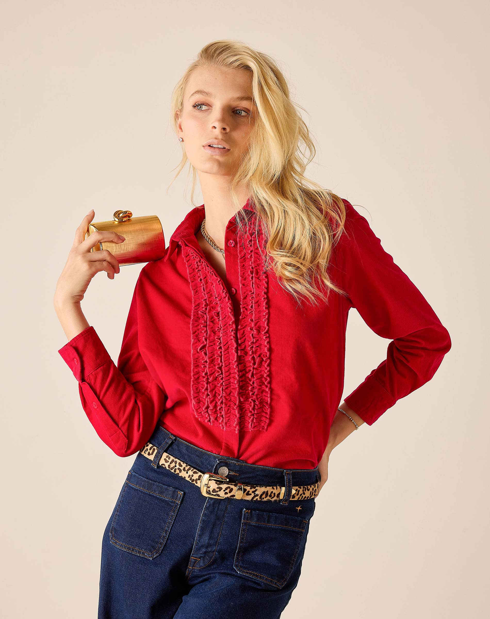 Cardinal red ruffled tuxedo shirt with buttoned front and decorative lace trim