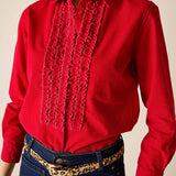 Cardinal red tuxedo ruffle shirt in a button-down style with ruffled front panels.