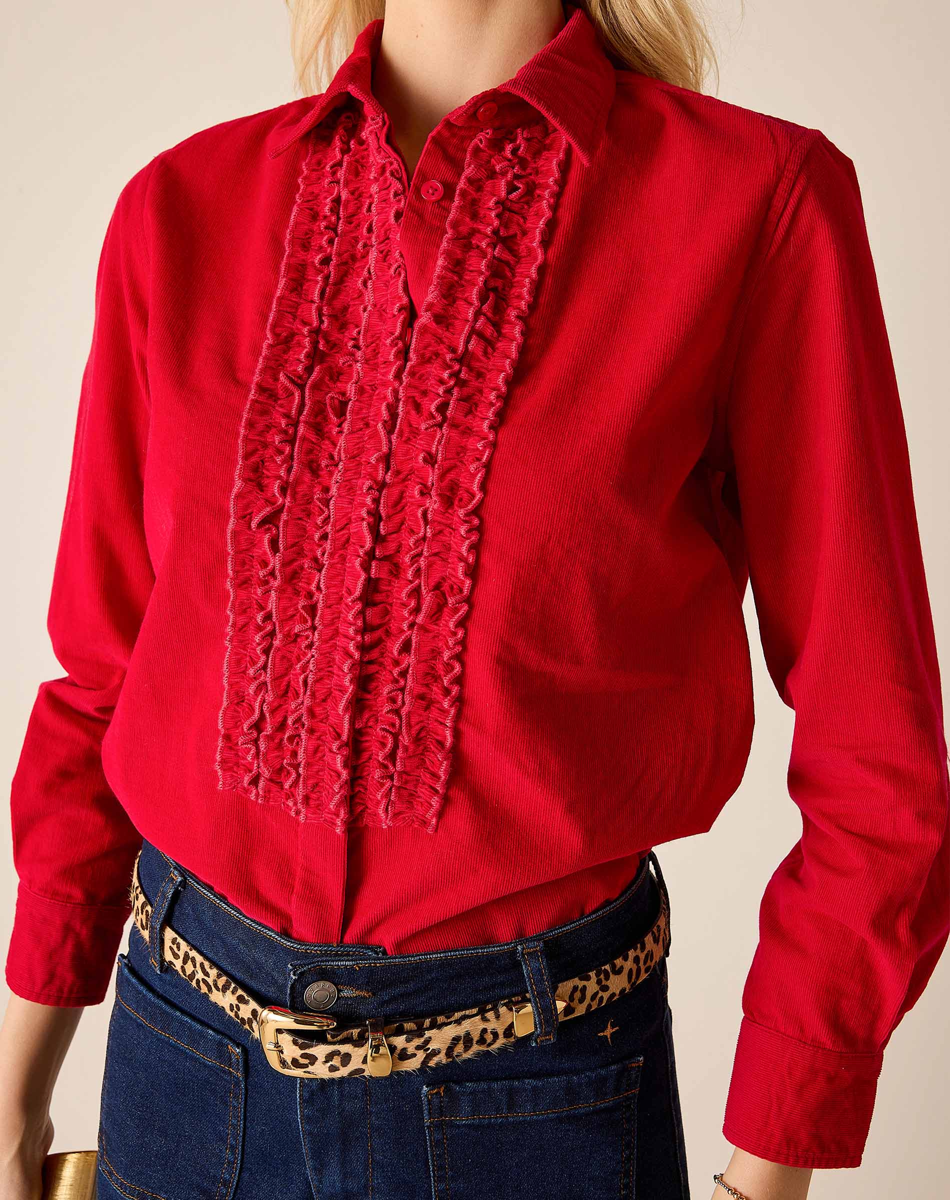 Cardinal red tuxedo ruffle shirt in a button-down style with ruffled front panels.