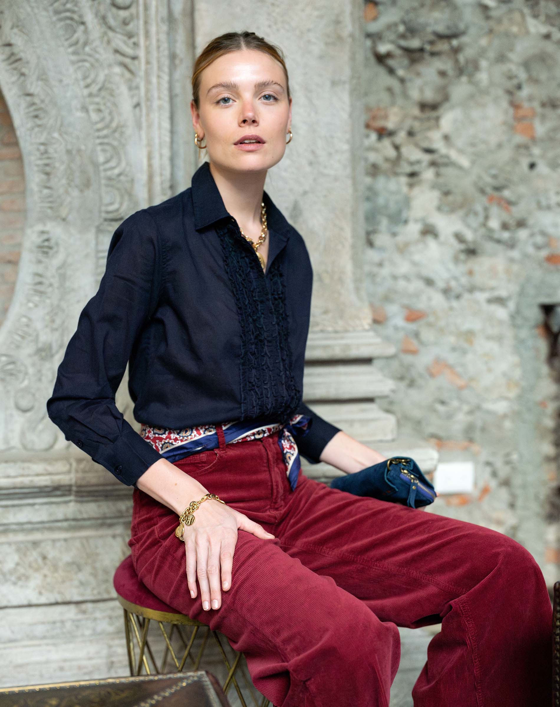 Women's Navy Tuxedo Ruffle Blouse