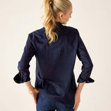 Navy blue tuxedo ruffle shirt with statement cuffs and relaxed fit