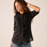 Black ruffle tuxedo top in soft cotton blend.