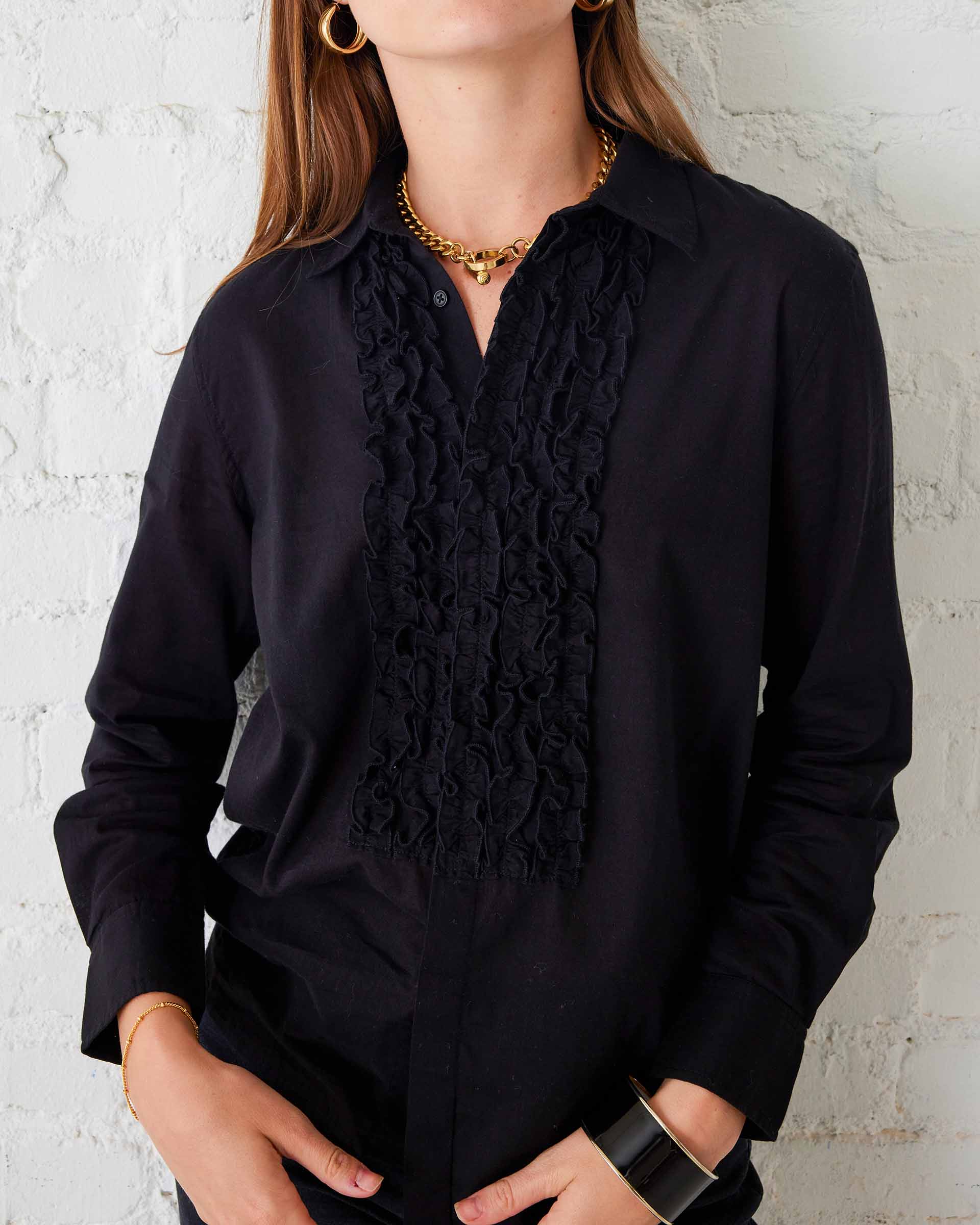 Women's Tuxedo Ruffle Button Down Shirt