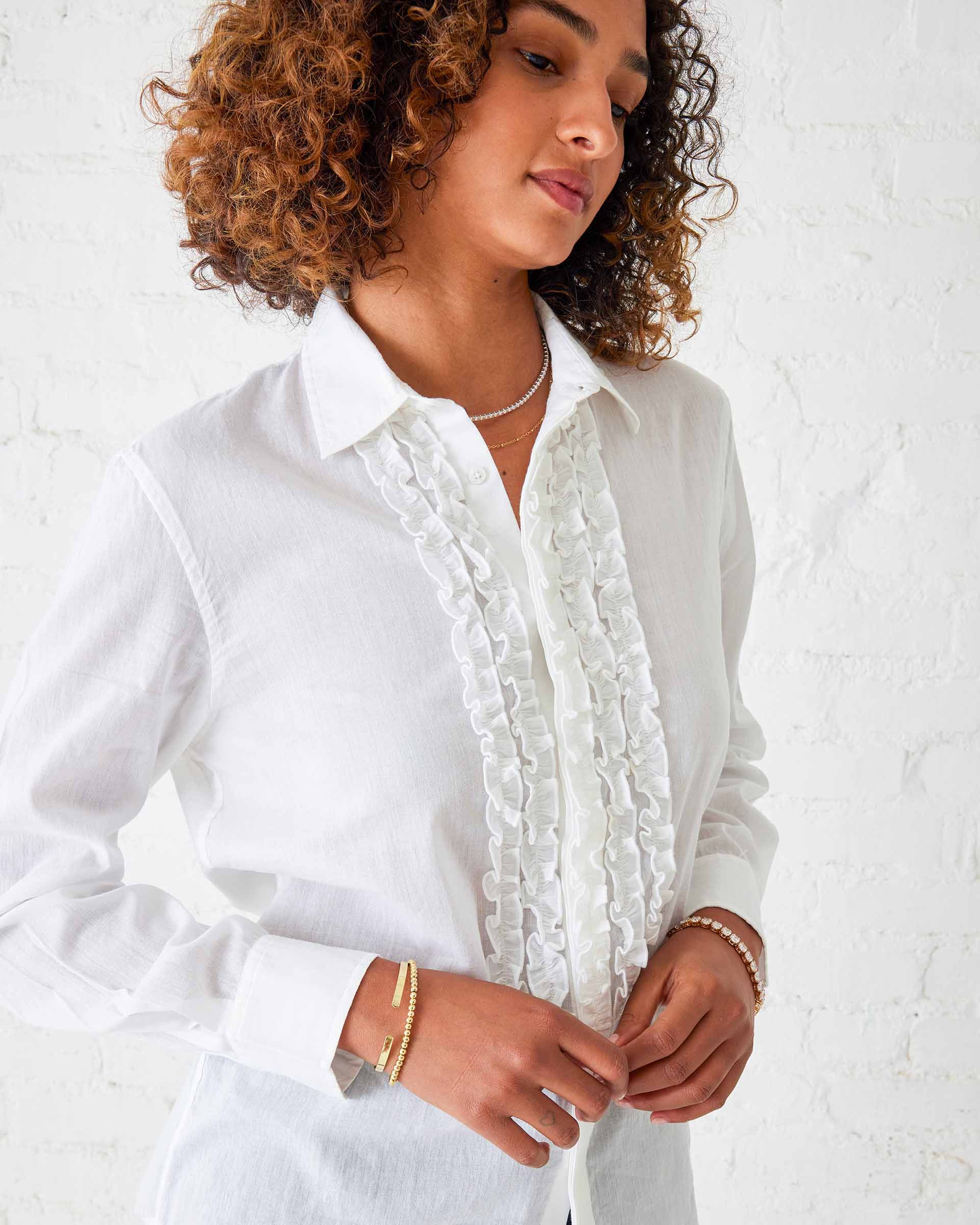 Women's Tuxedo Ruffle Button Down Shirt