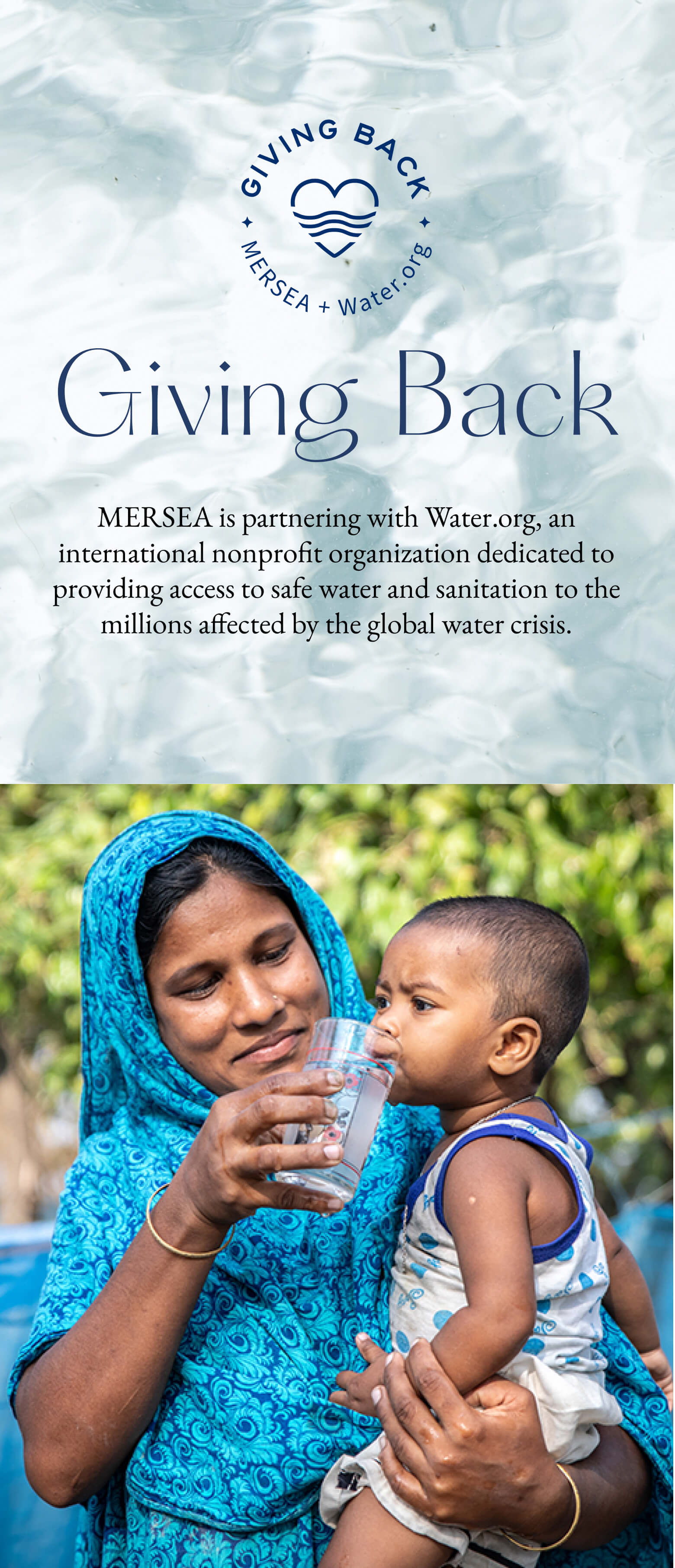 Woman holding a child and drinking water with 'Giving Back' text and MERSEA logo.