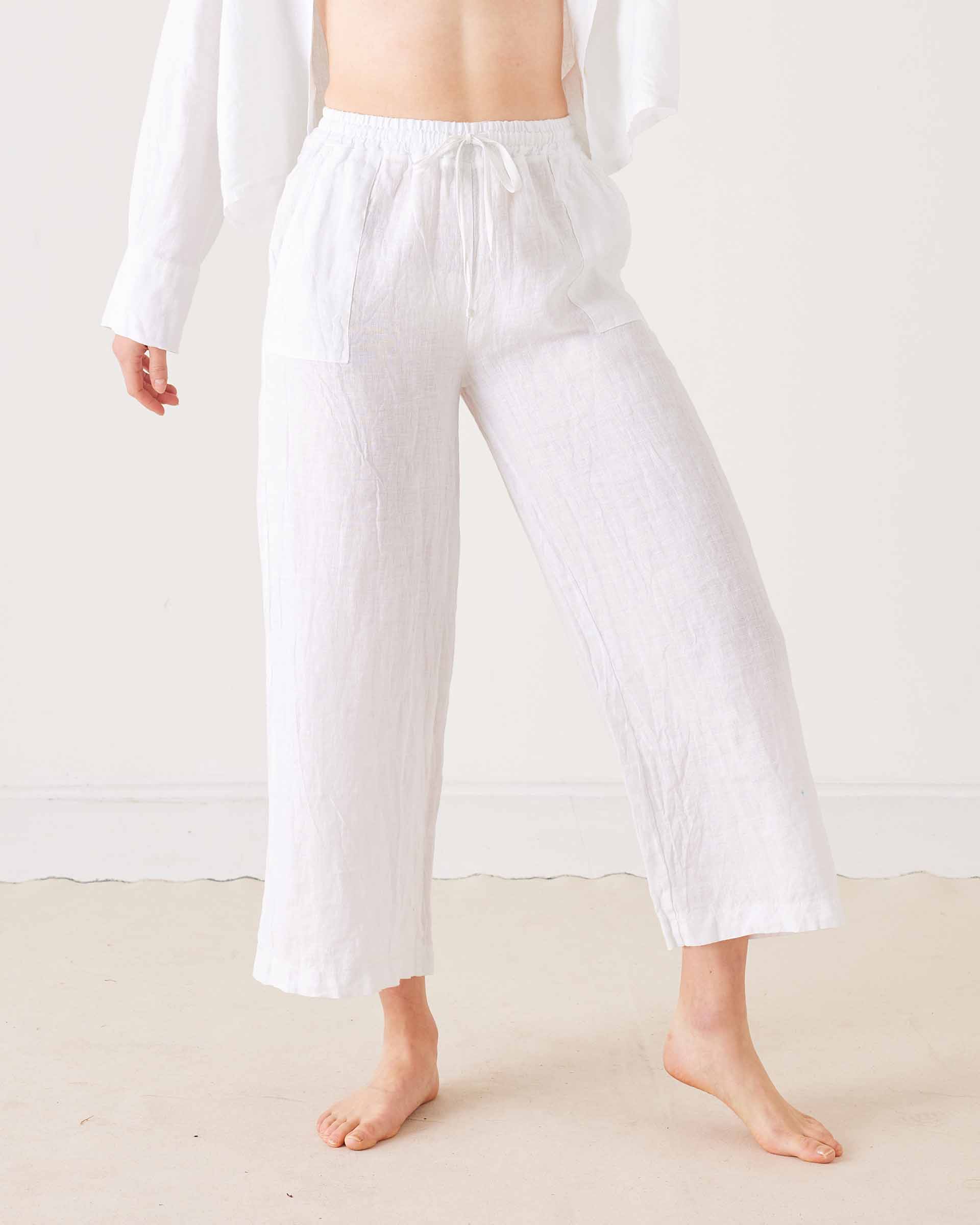 Women's White Linen Coverup Pants Adjustable Waistband