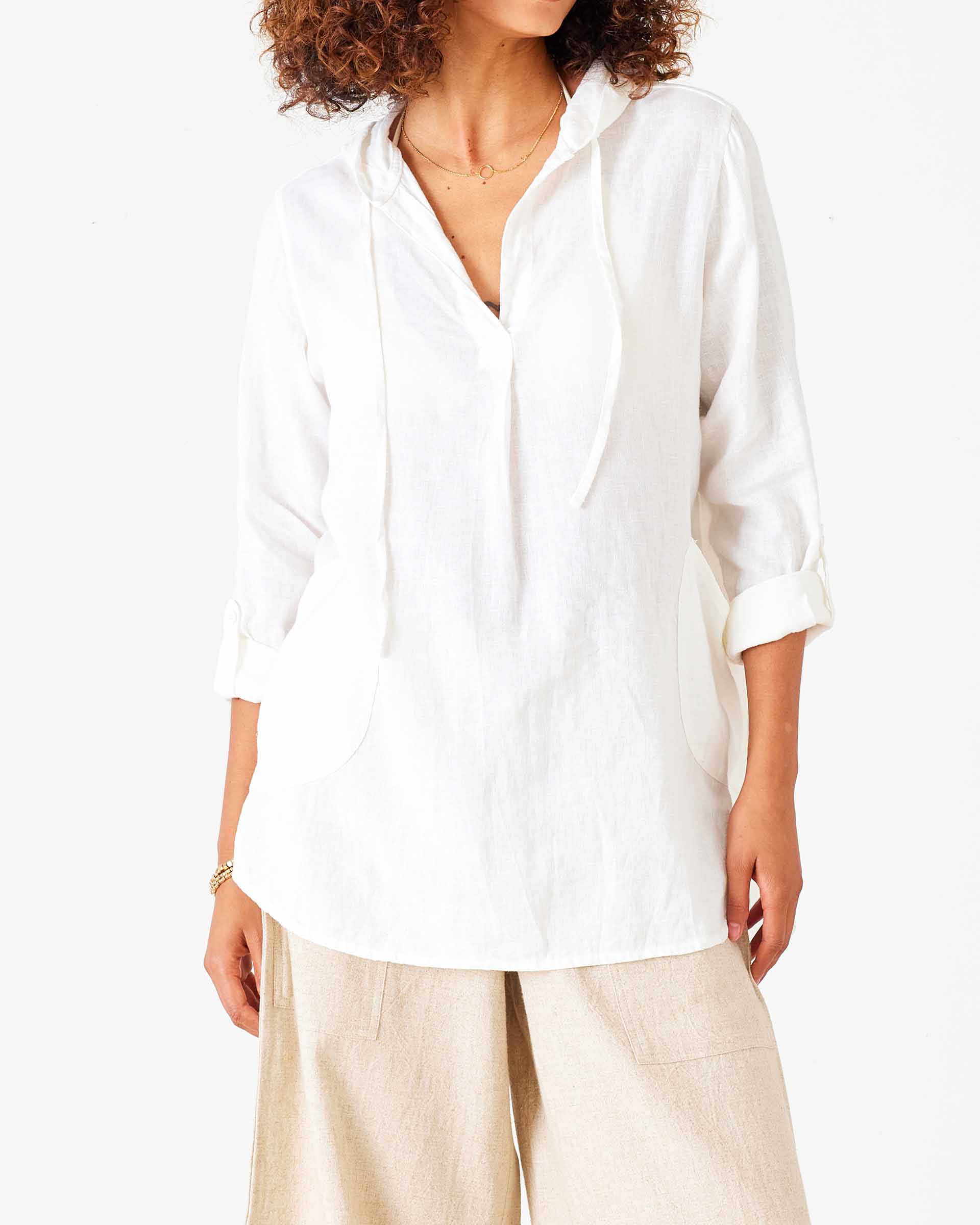 Women's White Linen Hoodie Tunic Coverup