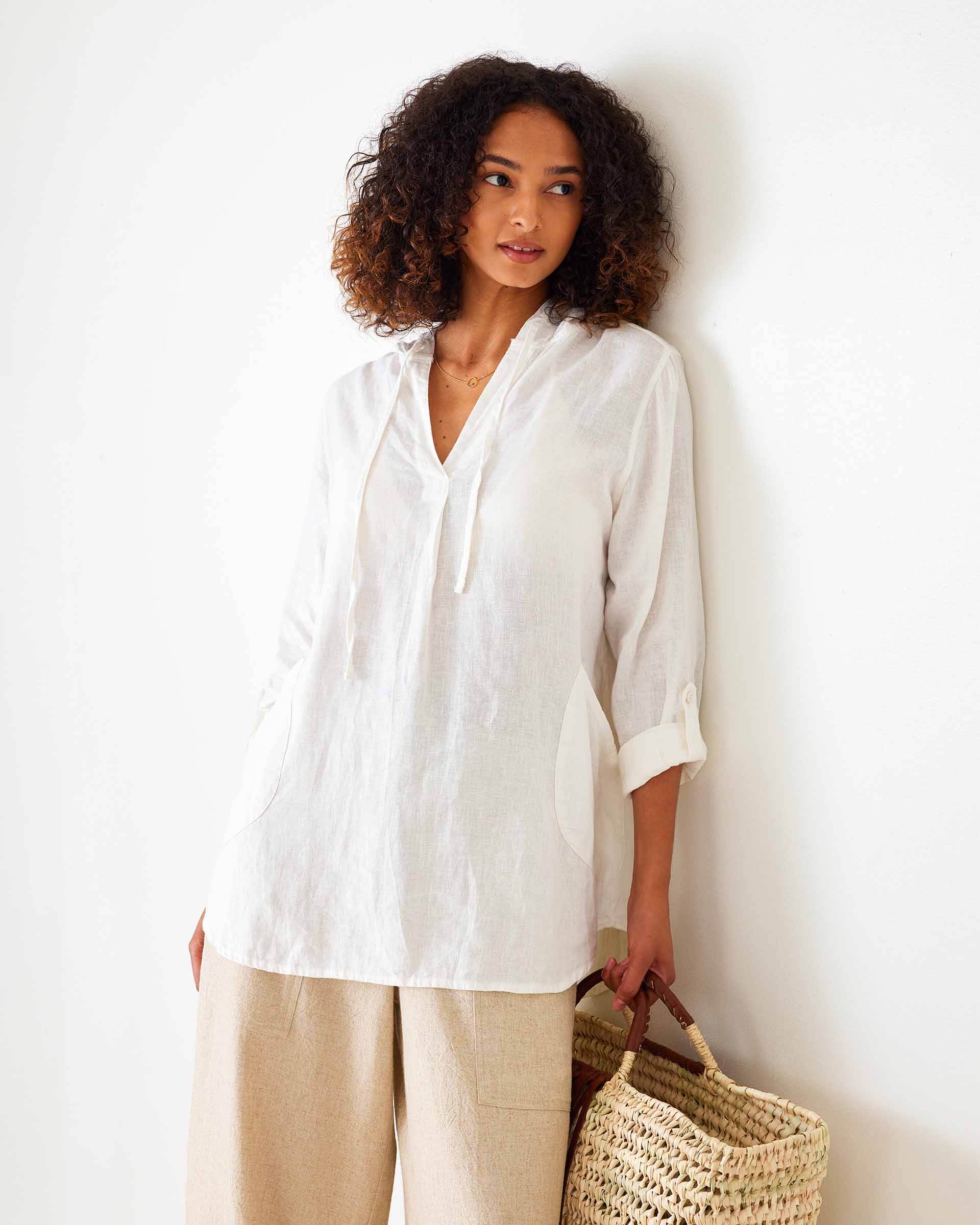 Women's White Linen Hoodie Tunic Coverup