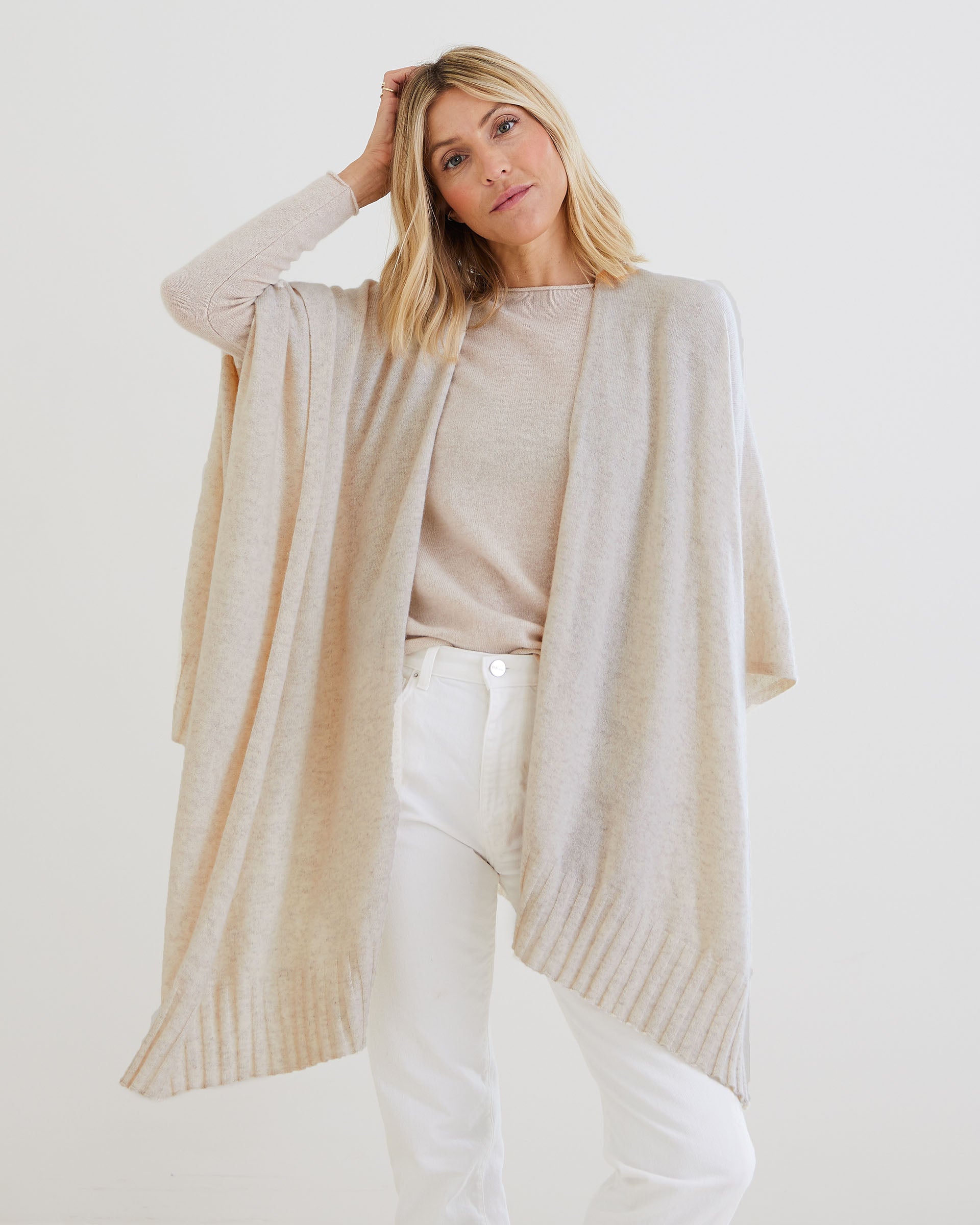 Women's Beige Cashmere Super Soft Drapy Travel Wrap Wide Rib Detailed Hemline Front View Drape 1