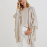 Women's Beige Cashmere Super Soft Drapy Travel Wrap Wide Rib Detailed Hemline Front View Drape 2