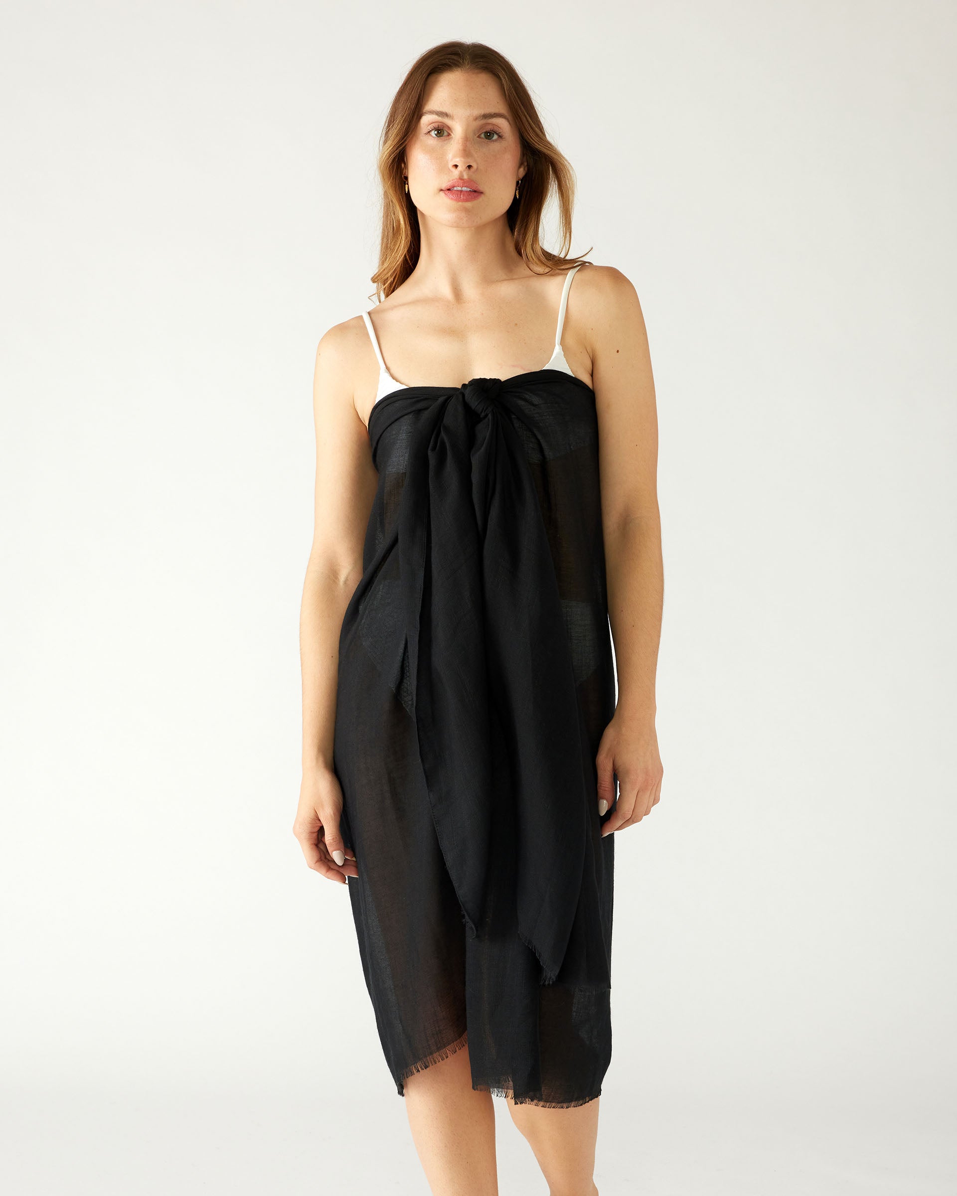 Women's Black Breathable Lightweight Fringe Hem Multi-functional Nellie Travel Wrap Shoulderless Dress