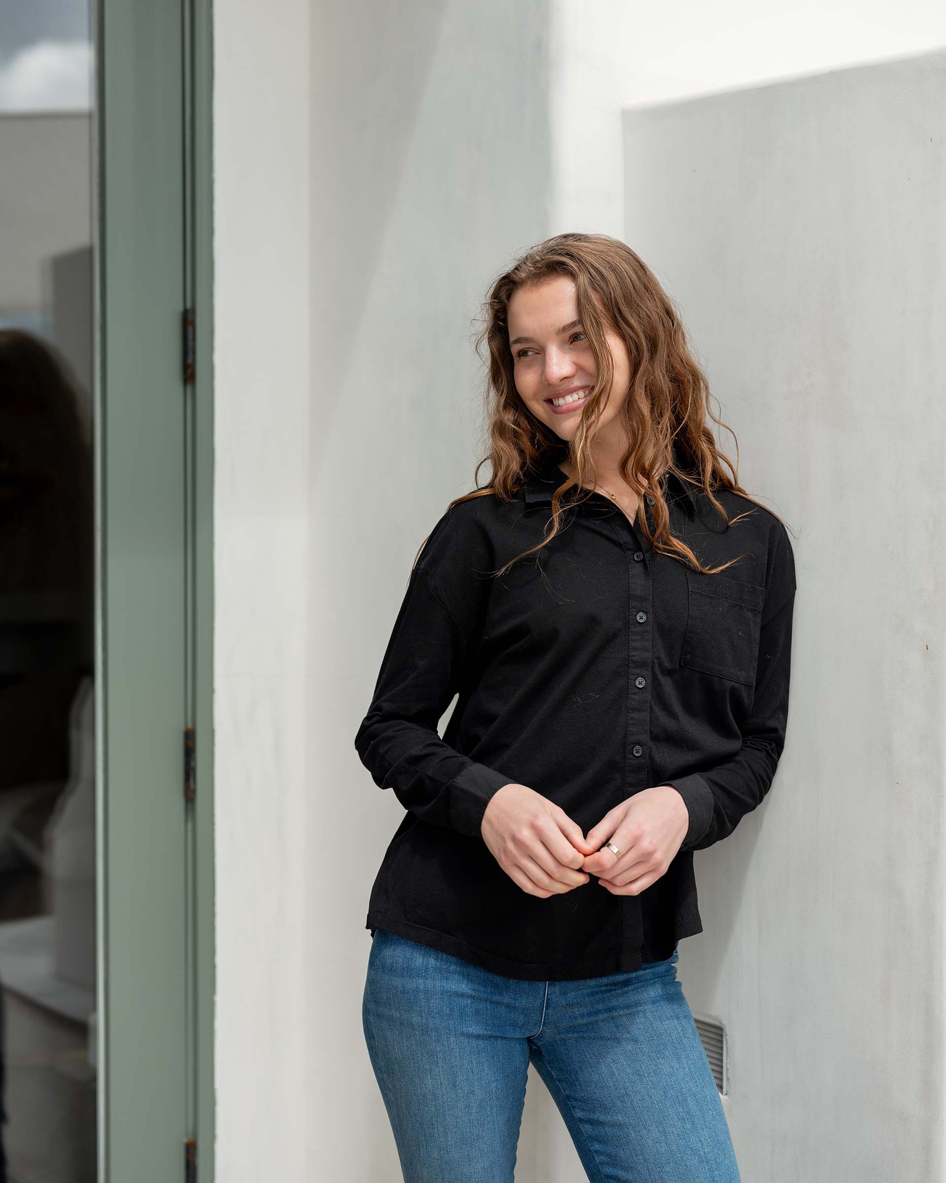 Women's Black Cotton Button Down