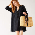 Women's Lightweight Black Eyelet Coverup Dress Full Body View Holding Bag