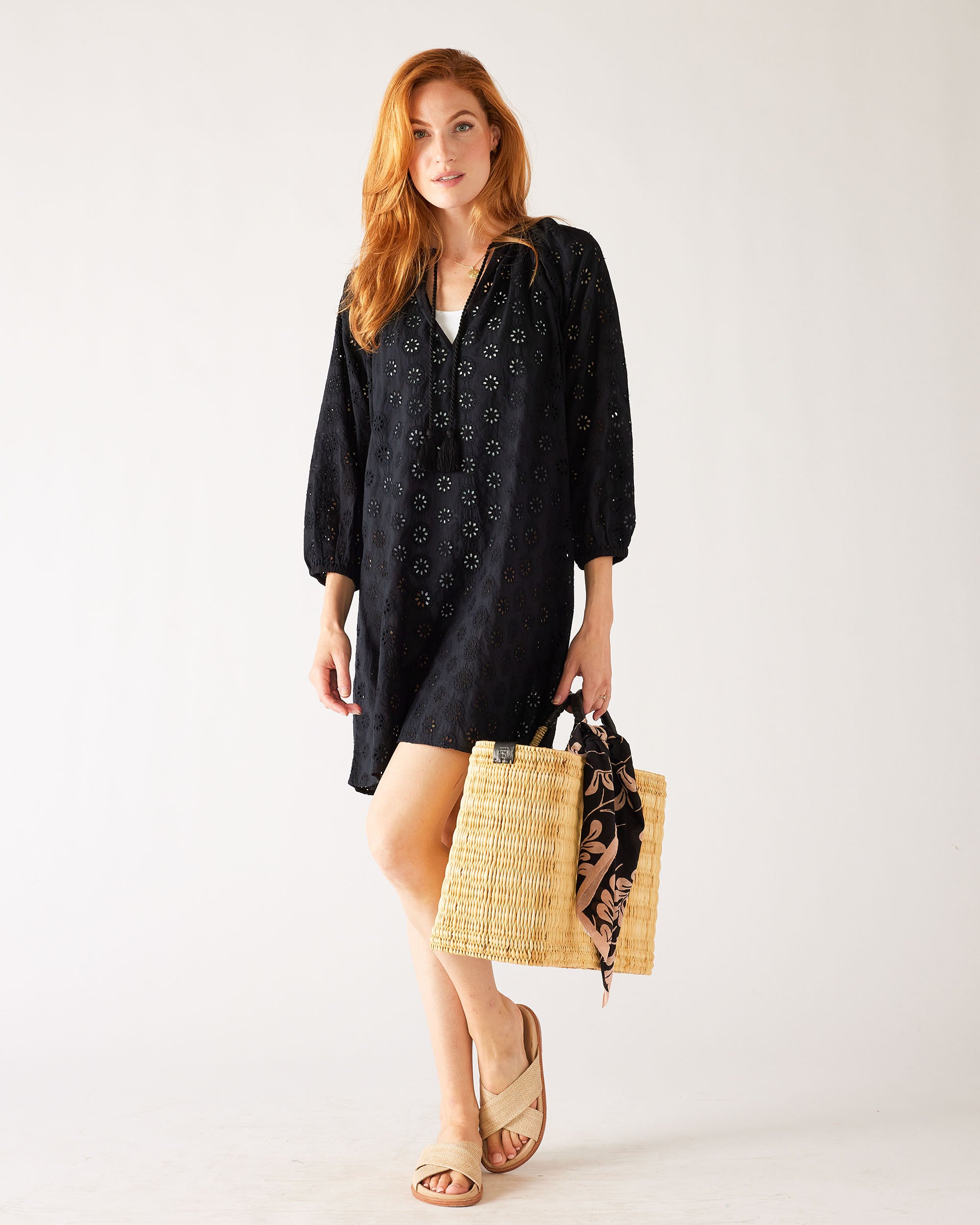 Women's Lightweight Black Eyelet Coverup Dress Full Body View