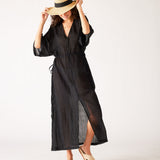 Women's Black Lightweight Breathable Cinch Waist front Slit Wide Elbow Length sleeves Breezy Kaftan Dress Front View