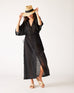Women's Black Lightweight Breathable Cinch Waist front Slit Wide Elbow Length sleeves Breezy Kaftan Dress Front View