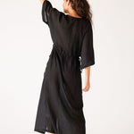 Women's Black Lightweight Breathable Cinch Waist front Slit Wide Elbow Length sleeves Breezy Kaftan Dress Rear View