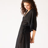 Women's Black Lightweight Breathable Cinch Waist front Slit Wide Elbow Length sleeves Breezy Kaftan Dress Side View