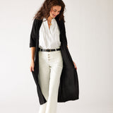 Womens Black Lightweight Cuffed Elbow Length Sleeves Duster Open Front View Flowing