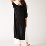 Womens Black Lightweight Cuffed Elbow Length Sleeves Duster Flowing Rear View Hand on Head