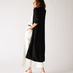 Womens Black Lightweight Cuffed Elbow Length Sleeves Duster Standing Side View Hand in Pocket