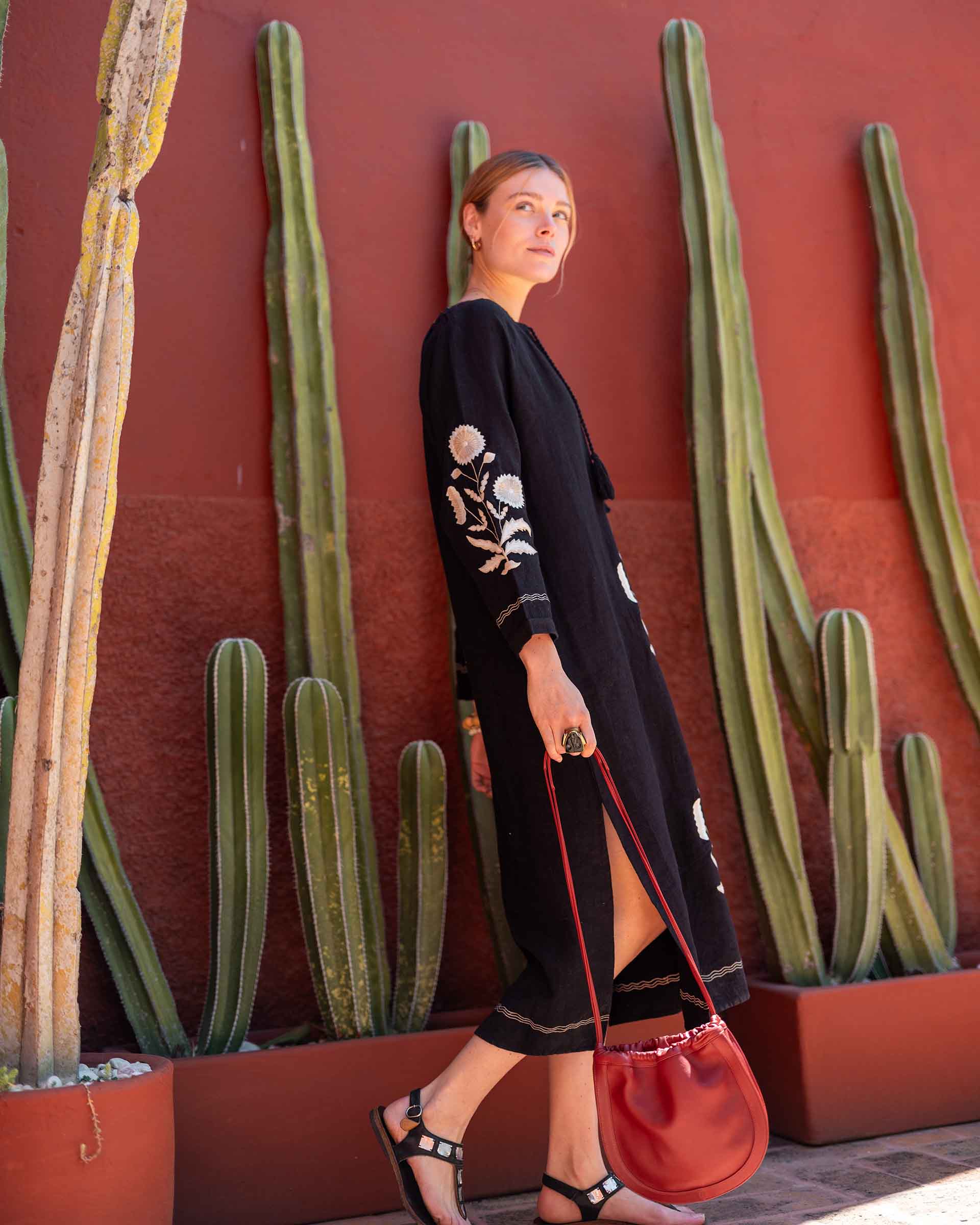Mersea Women's Linen Palermo Embroidered Maxi Dress in Noir/Cream Mersea Women's Linen Palermo Embroidered Maxi Dress in Noir/Cream