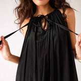 Women's Black Loose Fit Pullover Maxi Dress Close-up Front View of Neckline Detail