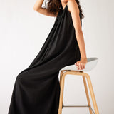 Women's Black Loose Fit Pullover Maxi Dress Sitting Side View