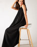 Women's Black Loose Fit Pullover Maxi Dress Sitting Side View