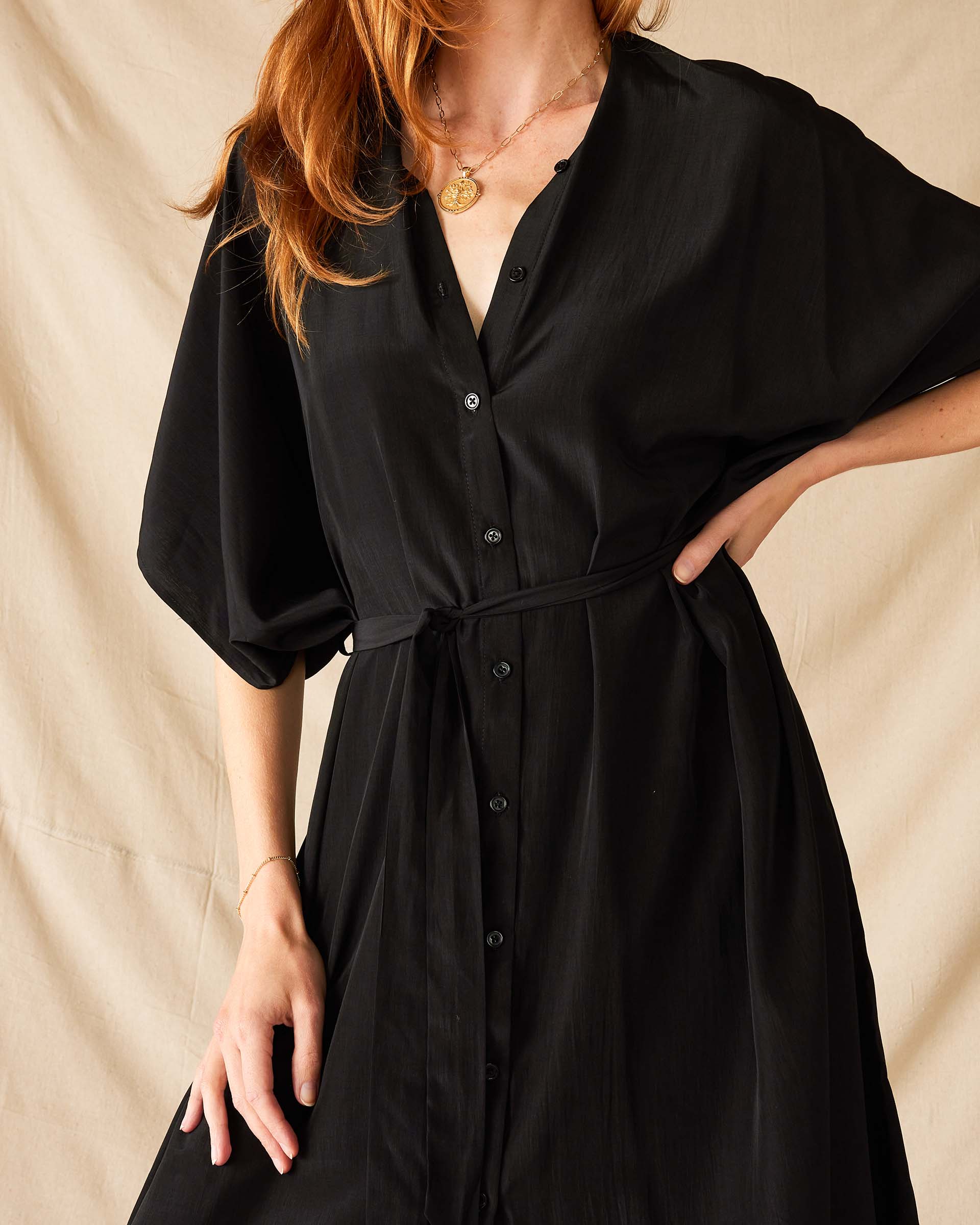 Women's Black Mallorca Kaftan Dress and Coverup With Button-up Front Sleeveless Drop Shoulder and Removable Self Belt 
