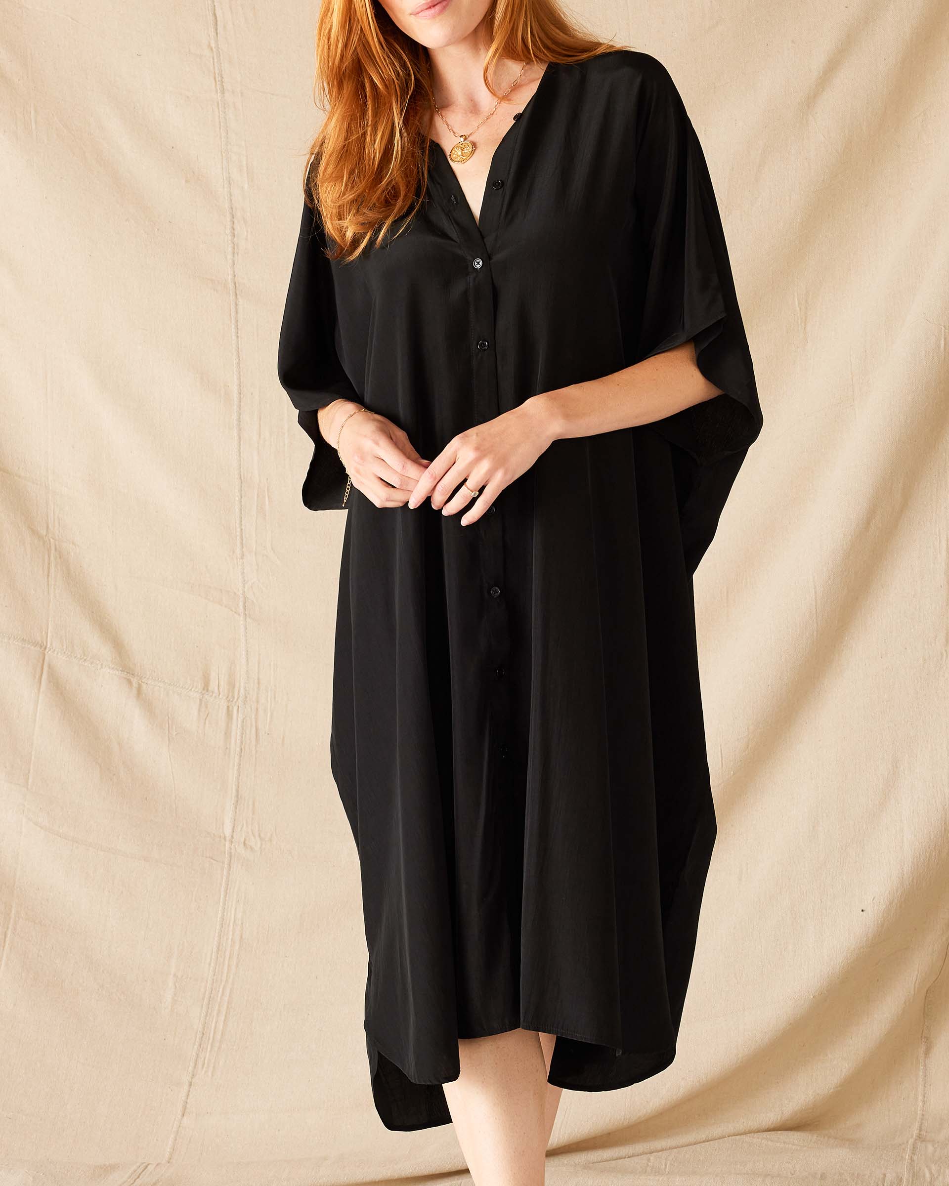 Women's Black Mallorca Kaftan Dress and Coverup With Button-up Front Sleeveless Drop Shoulder Front View