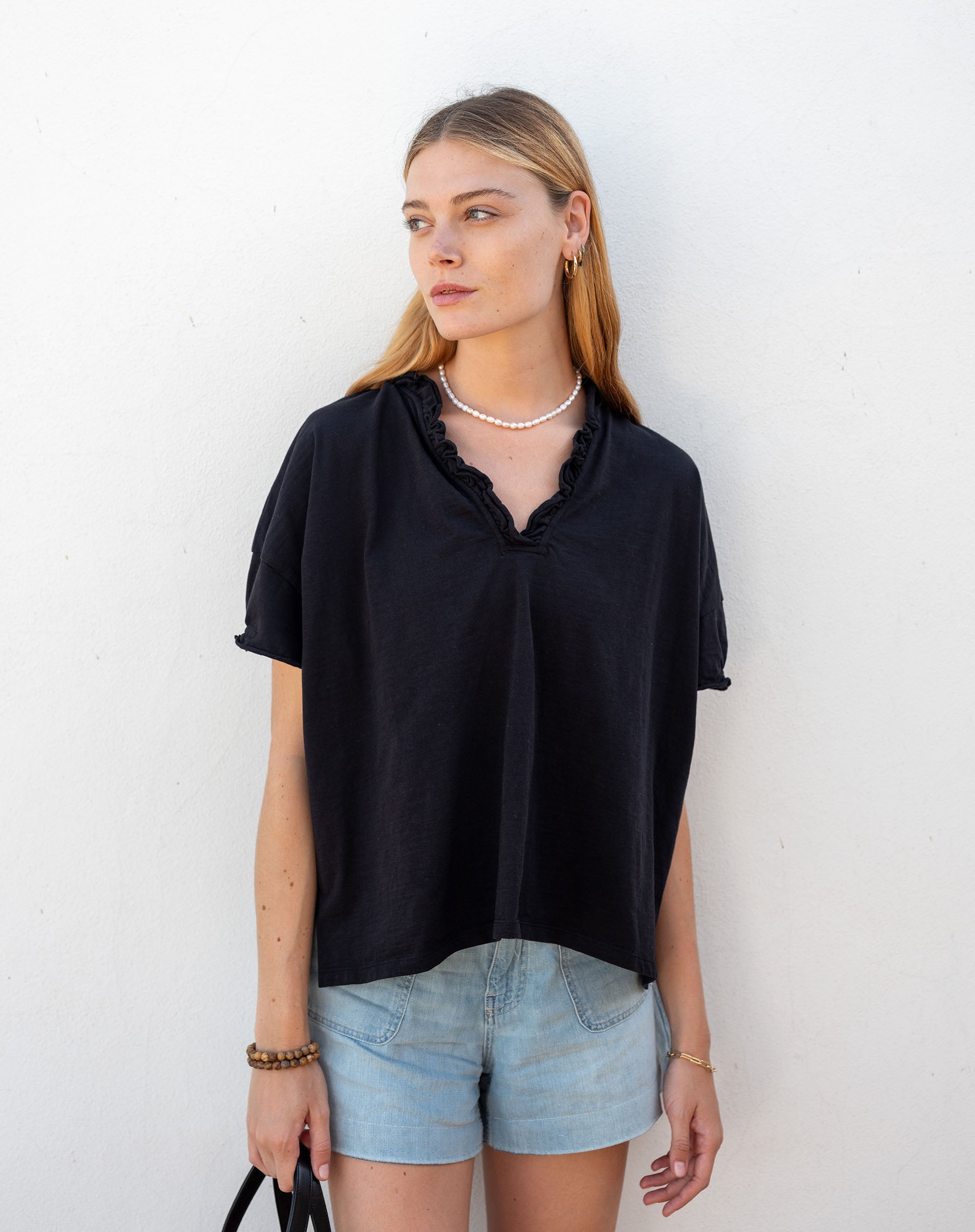 Women's Black Oversized Ruffle Tee