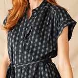 Women's Black Pattern Lightweight Rolled Cuff Sleeves Self Belt Aphrodite Shirt Dress Close-up Detail