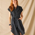 Women's Black Pattern Lightweight Rolled Cuff Sleeves Self Belt Aphrodite Shirt Dress Front  View