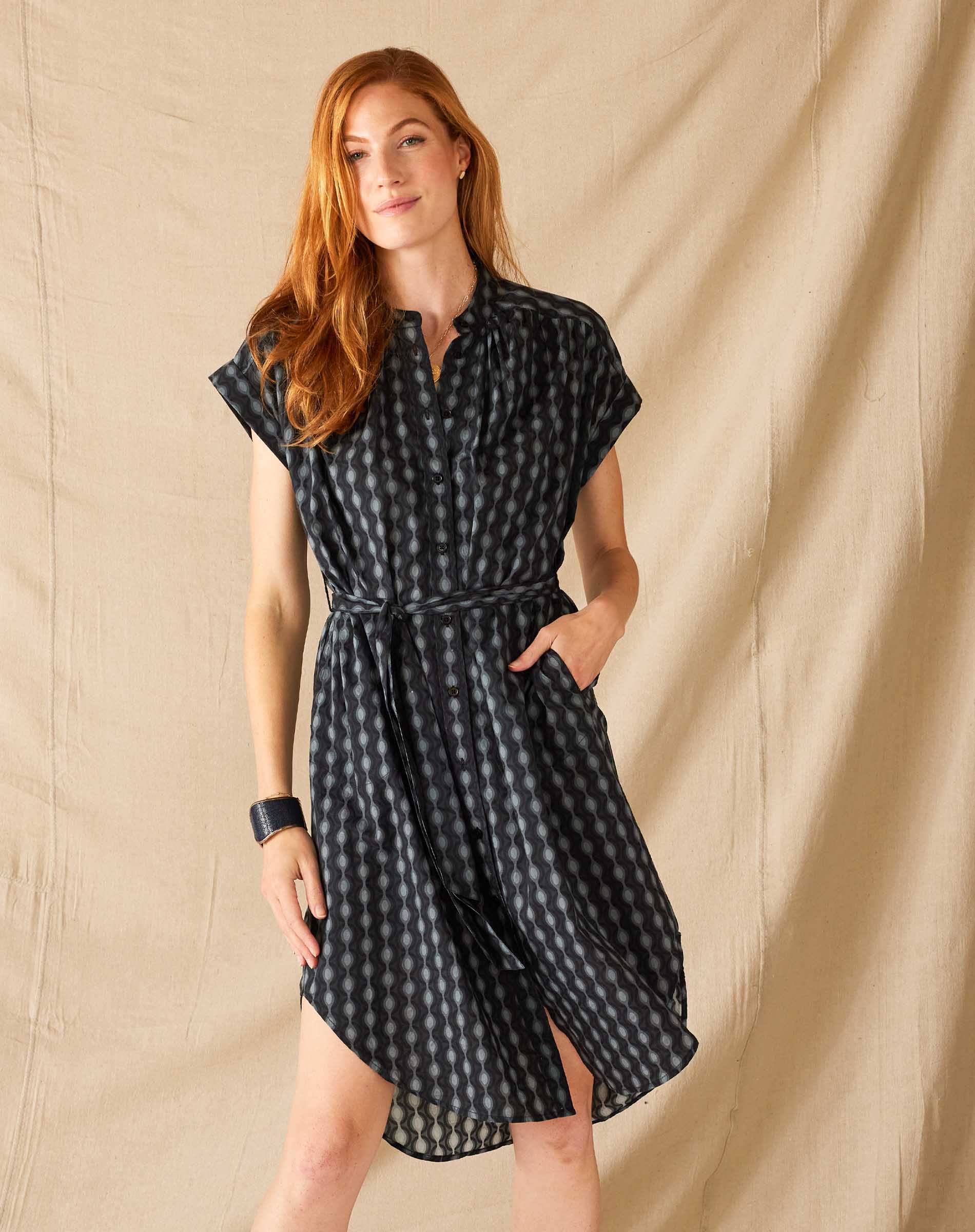 Women's Black Pattern Lightweight Rolled Cuff Sleeves Self Belt Aphrodite Shirt Dress Front  View