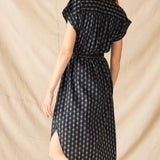 Women's Black Pattern Lightweight Rolled Cuff Sleeves Self Belt Aphrodite Shirt Dress Rear View