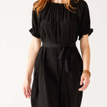 Women's Black Ruffled Shoulder Midi Dress Front View