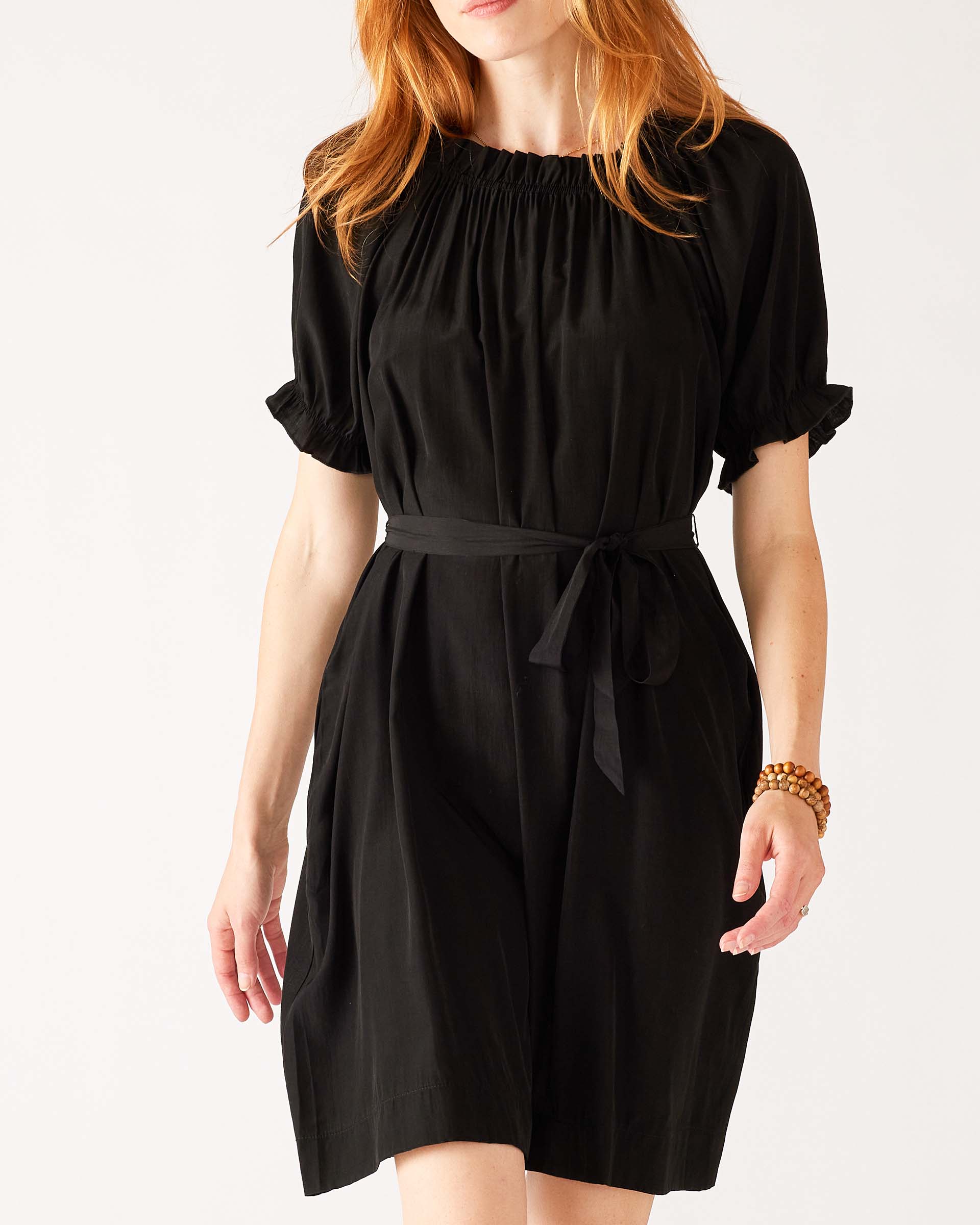Women's Black Ruffled Shoulder Midi Dress Front View